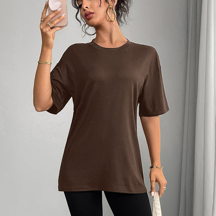 European and American Women's Casual Multi-Color Round Neck Short-Sleeved Light Version Simple Fashion Sports Top Pure Color Loose Light Board T-Shirt