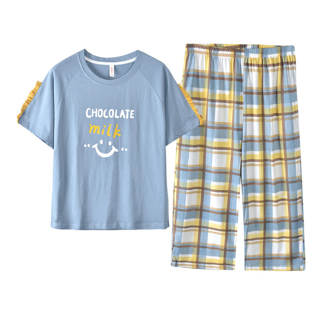 Short-Sleeved Pajamas for Women, Summer Pure Cotton, Pure Cotton Home Clothes with Chest Pads to Prevent Bumps, Can Be Worn Outside, Simple and Casual