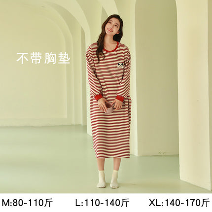 Women's Pure Cotton Long-Sleeved Nightgown, High-End, Black, Large Size, Can Be Worn Outside, Spring and Autumn, Women's Nightgown with Breast Pads