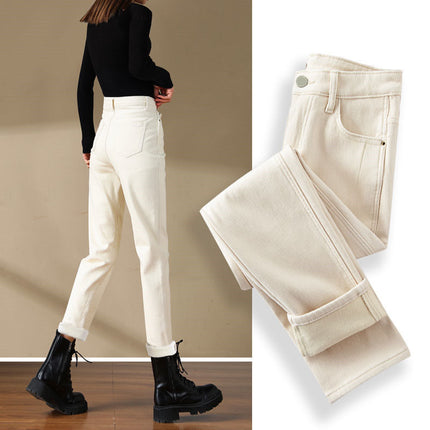 2024 Autumn and Winter Velvet Pure Color Off-White Narrow Straight Jeans for Women High Waist Loose Outer Wear Cigarette Pipe Pants