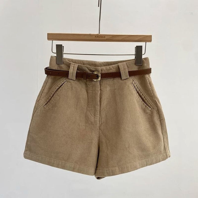 High-Waisted Corduroy Shorts with Belt for Women, New Korean Style, Fashionable and Versatile, Slimming A-Line Casual Wide-Leg Pants for Spring and Autumn