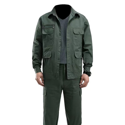 Summer Thin Work Clothes Suit for Men, Cotton-Containing Long and Short Sleeves, Breathable and Wear-Resistant Welding Work Clothes, Military Green Labor Protection Clothes