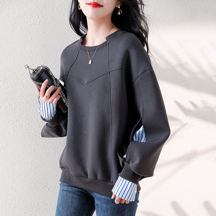 Real shot new ribbed neckline striped stitching top design sense irregular dividing line women's sweater
