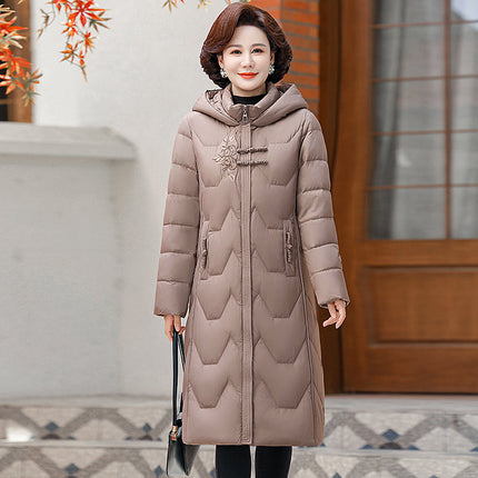 Trendy Middle-Aged Women's Long down Jacket for Petite Figures, Thickened and Warm, Fashionable Winter Coat for Moms, White Duck down Outerwear