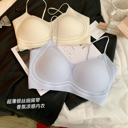 Fragrance Intimates for Women with Small Breasts, Summer Ultra-Thin Cool Silver Silk Spaghetti Straps, Seamless Vest Bra