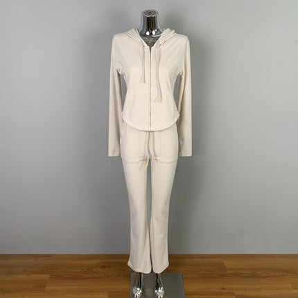 South Korea Dongdaemun Simple Slim-fit Sexy Figure Temperament Hooded Jacket Casual Pants Two-piece Suit for Women