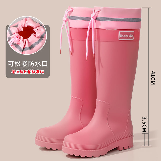 Korean and Japanese Fashion Pink Women's Rain Boots with High-Tie Rubber Shoes, Thick-Soled Height-Increasing Rain Boots, Outdoor Slip-On Water Shoes