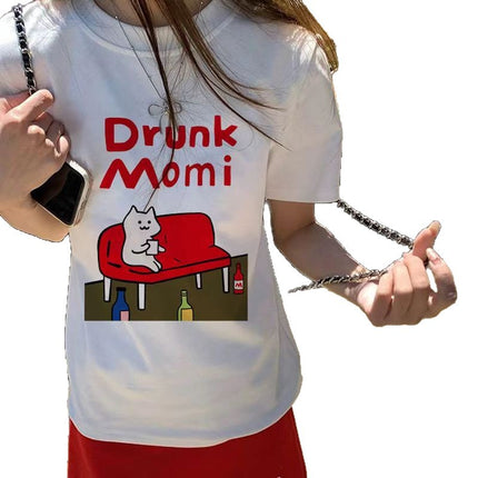Cat Print Short-Sleeved Women's Hong Kong Style T-Shirt Casual Loose Fashion Ice Silk Cool Lazy Style Top Casual and Versatile