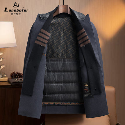 Genuine Leather Collar Double-Sided Wool Outwear for Men, Autumn and Winter Trendyy Removable Goose down Liner Woolen Outwear, Large Size Men's Clothing