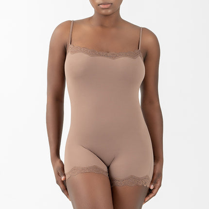 Sexy Pure Lust Style Lace Trim Bodysuit for Women, Skin-Friendly Nude Feel Inner Wear with Straps, Double-Layer Shapewear, European and American Style