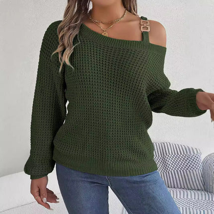 Real Shot of 2025 Autumn and Winter Casual Metal Buckle Splicing Off-Shoulder Lantern Sleeve Pullover Sweater Independent Station Cross-Border Women's Clothing