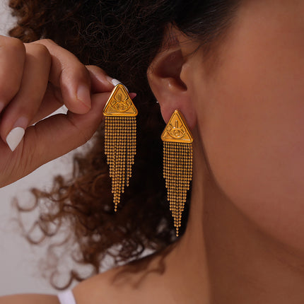European and American Design Women's Hip Hop Personalized Trendy Titanium Steel Plated 18k Gold Geometric Devil's Eye Tassel Earrings suit