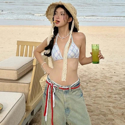 Swimsuit Feminine Plaid Bikini Split Triangle Pure Lust Style Sweet and Cute Strap Resort Hot Spring Swimsuit for Women