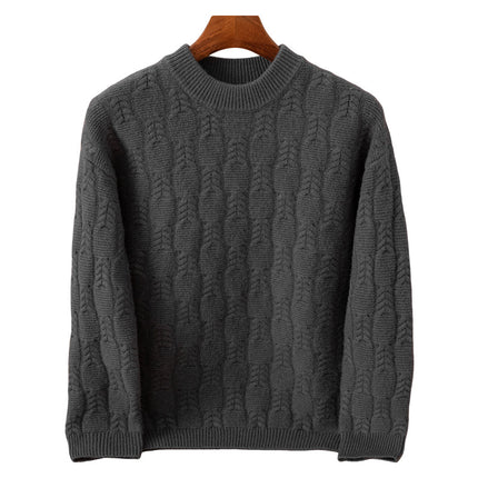 Autumn and Winter Cashmere Casual Versatile Loose Men's Solid Color Cable Knit Round Neck Pullover Wool Sweater