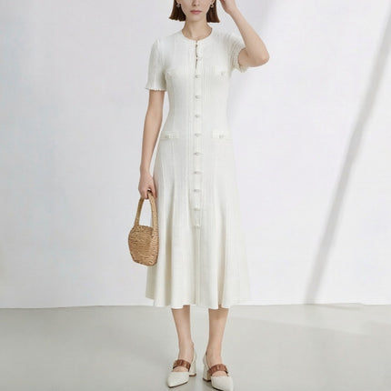 Cross-Border S Brand French Style New High-End Chanel-Inspired Hollow Lace Sleeve Slim-Fit Split Knit Dress