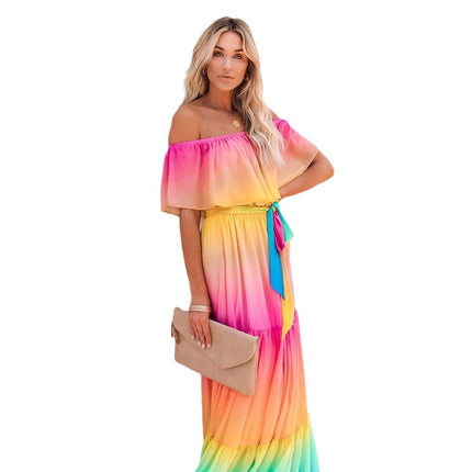2025 Export New Wish New Printed Long Skirt Dress Amazon Ebay One-Line Collar Cross-Border European and American Dress