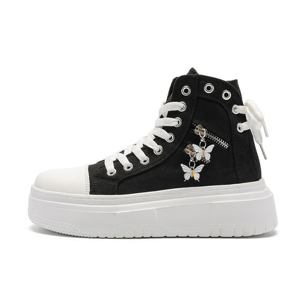 Cross-Border Large Size Women's Shoes 2024 New Outdoor Versatile Butterfly Zipper Canvas Shoes Thick-Soled High-Top Heightening Sneakers for Women
