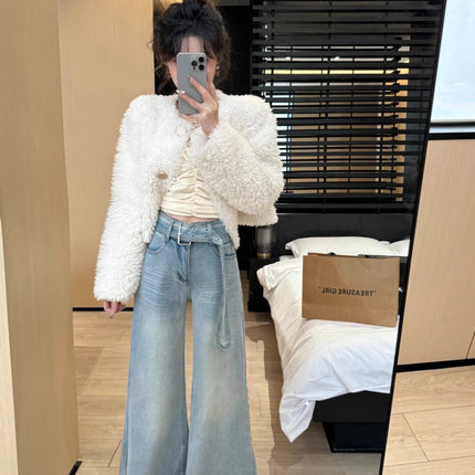 Spring 2025 New Arrival High Waist Fashionable Stretch Wide Leg Jeans Women's Retro Loose Slim-fit No-leg Mop Pants
