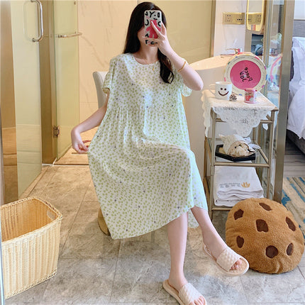 Cotton Silk Nightgown for Women, Summer Thin Short-Sleeved Printed Large Size Nightgown, Pregnant Women Can Wear It Outside, Cool Rayon Home Clothes