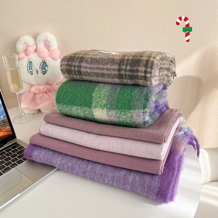 Korean Style Plaid Purple Scarf Women's Winter Warm Neck Charm High-end Tassel All-match Shawl 2024 New Style