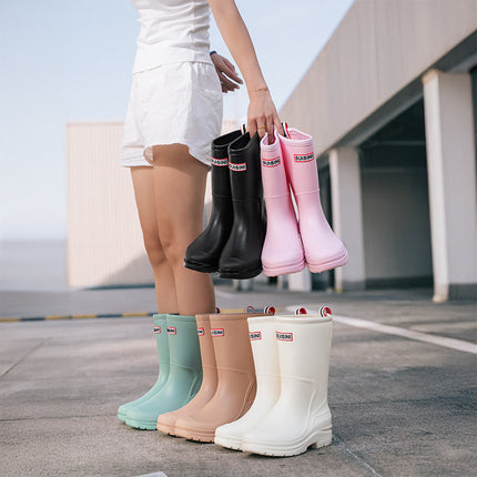 Women's High-Top Rain Boots for Beach Camping, Waterproof, Non-Slip, Korean Style, Sweet Thick-Soled Fashion Water Shoes with Drawstring Closure