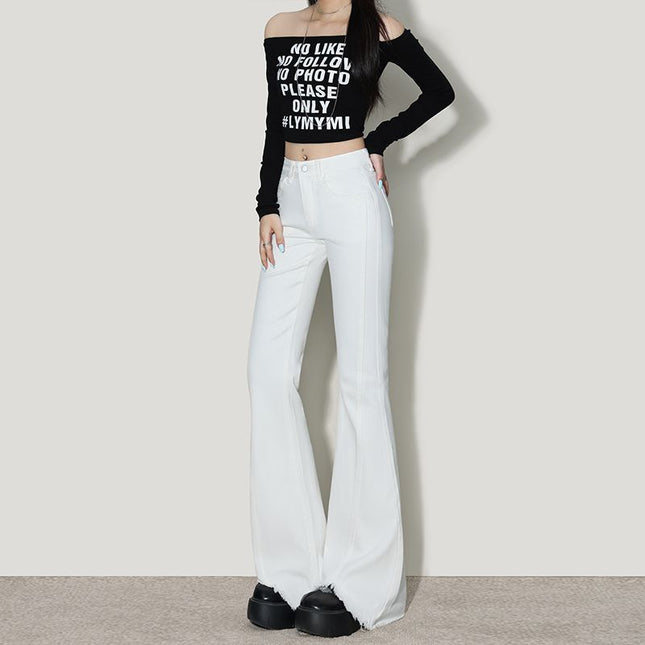 Off-White American Hot Girl Bootcut Jeans for Women 2025 Summer New High-Waist Slimming Look Horseshoe Pants Raw Edge Pants