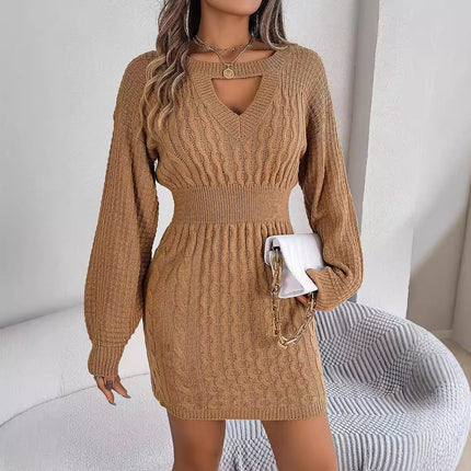 Real Shot of 2025 Autumn and Winter Pure Color Twist Cut Out Lantern Sleeves Hip-Covering Sweater Skirt Independent Station Cross-Border European and American Clothing