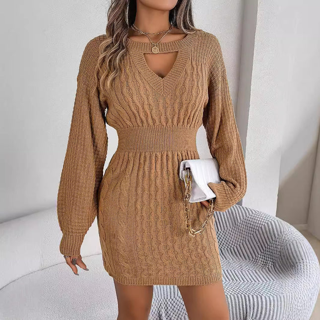 Real Shot of 2025 Autumn and Winter Pure Color Twist Cut Out Lantern Sleeves Hip-Covering Sweater Skirt Independent Station Cross-Border European and American Clothing