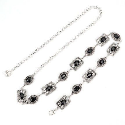 Cross-Border Vintage Bohemian Rhinestone Belt, Fashionable Hollow-Out Antique Silver Chain, European and American Luxury Rhinestone Waist Chain