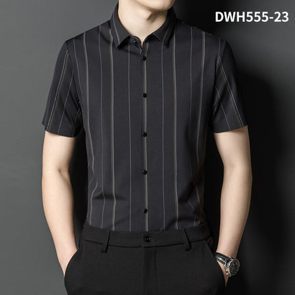 Summer New Vertical Striped Shirt for Men, Short-Sleeved Business Casual High-Elastic Seamless Shirt, Slim Fit Light Business