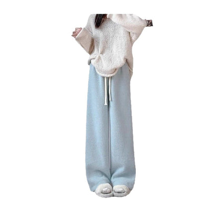 Blue Knitted Wide-Leg Pants for Women, Spring and Autumn 2025 New Style, High-Waisted Casual Straight Narrow Version, Mink Fur Fleece-Lined Glutinous Rice Pants