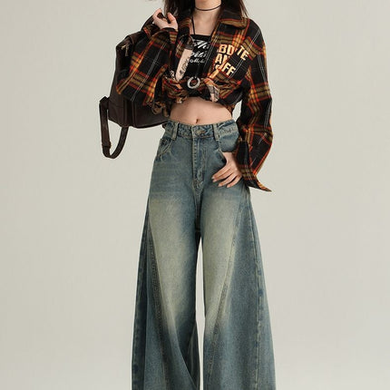 Amazon European and American Style Cross-Border American Retro Washed Distressed Denim Scimitar Pants for Women Loose Wide-Leg Casual Pants