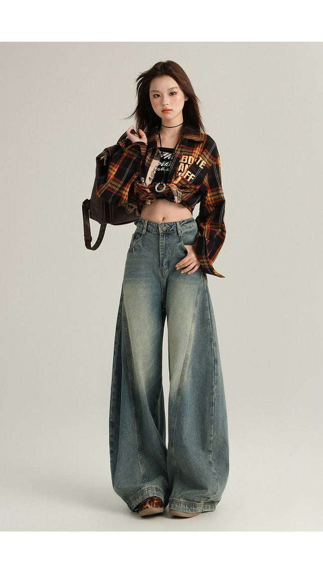 Amazon European and American Style Cross-Border American Retro Washed Distressed Denim Scimitar Pants for Women Loose Wide-Leg Casual Pants