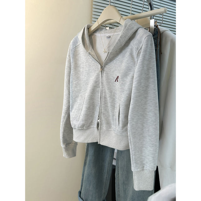 Autumn and Winter New High Waist Embroidered Short Top Double Head Zipper Casual Hooded Sweater Cardigan Small Women's Coat