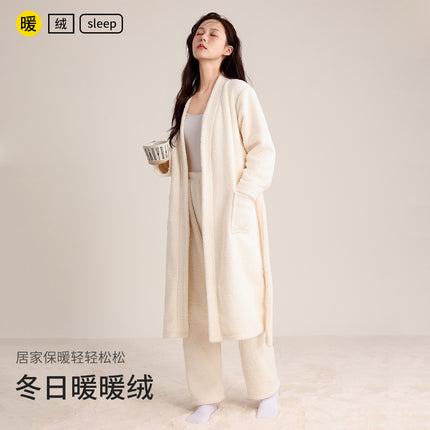 Autumn and Winter Thickened Couple's Robe, Faux Half-Velvet, Diagonal V-Neck, Simple and Elegant, Light Luxury, Warm Bathrobe, Long Style for Men and Women