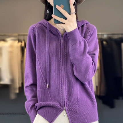 Wool Blend 2026 Autumn and Winter New Women's Hooded Sweatshirt Loose Plus-Size Short Knitted Hoodie Base Layer Cardigan