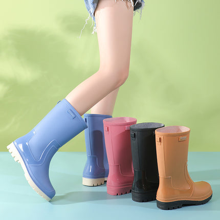 Urban Fashion Mid-Calf Khaki Brown Women's Rain Boots Trendy Water Boots Slip-On Black Women's Water Shoes Japanese Style Outdoor Rubber Shoes for Women