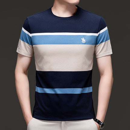 Famous Emperor Mouse Men's Summer New Middle-aged and Young Men's Pure Cotton T-shirt Round Neck Casual Striped Loose Short-sleeved T-shirt