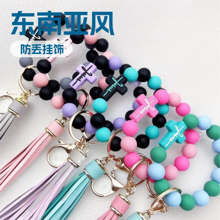 Cross-Border New Cross Silicone Bead Wrist Bracelet Keychain Handbag Leather Tassel Anti-Loss Pendant