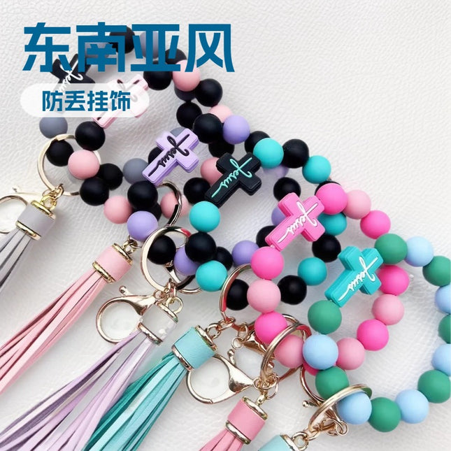 Cross-Border New Cross Silicone Bead Wrist Bracelet Keychain Handbag Leather Tassel Anti-Loss Pendant