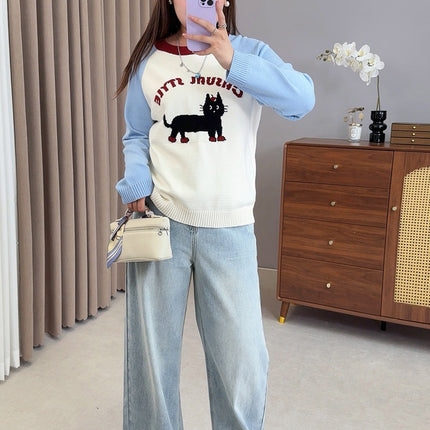 Shuangtian 2025 New Autum Plus Size Women's Knitwear Fat Girl Cartoon Cat Contrast Color Knitwear F561