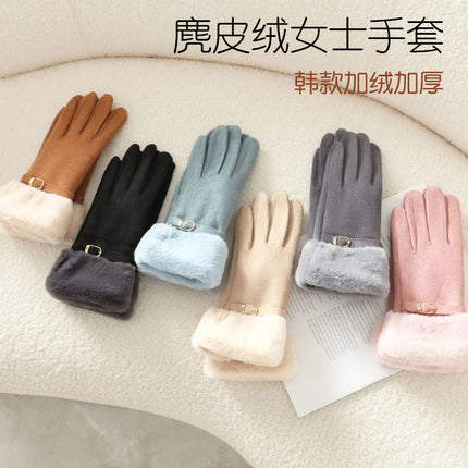 Suede Women's Thickeneded Velvet Gloves Wholesale Outdoor Cycling Suede Korean Style Cute Touch Screen Gloves Dropshipping