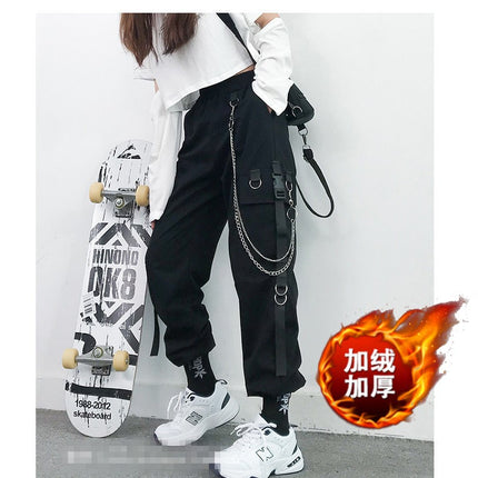 Chain fleece-lined Thickened Tooling Pants Women's Slimming High Waist Handsome Black Pants Women's Loose Straight Korean Style