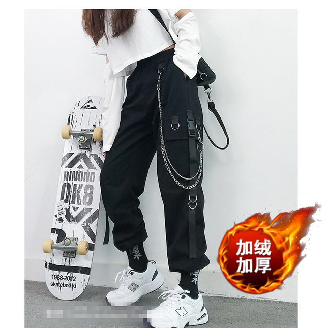 Chain fleece-lined Thickened Tooling Pants Women's Slimming High Waist Handsome Black Pants Women's Loose Straight Korean Style