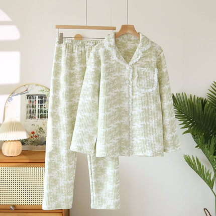 Autumn and winter national style air layer three-layer warm lace pajamas women's long sleeve trousers fresh green home clothes suit
