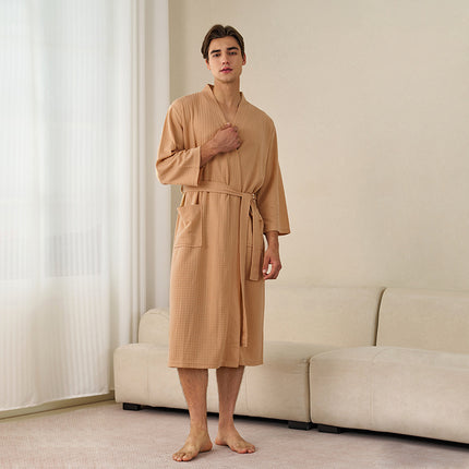 Summer Thin Water Absorbent Waffe Bathrobe Women's Summer Mid-length Simple Sexy Nightgown Men's Breathable Bath Towel Pajamas