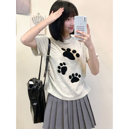Flocked Cartoon Cat Paw Short-Sleeve T-Shirt for Petite Women, Sweet Girl Style, Height-Enhancing, Slim-Fit, Regular Shoulder, 2026 Summer New Model