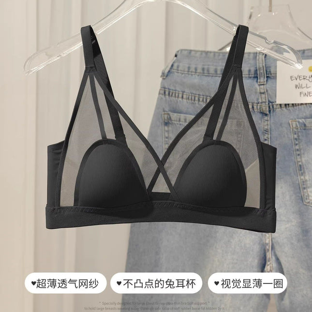 French-Style Summer Women's Thin Bra for Small Busts, Sexy Ultra-Thin Breathable Bra with Triangle Cups, Wireless, Makes Large Busts Appear Smaller