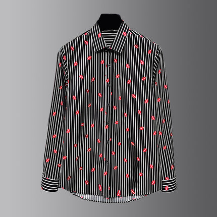 Men's Light Luxury Personalized Floral Shirt, Long-Sleeved Spring and Autumn New Style, Full-Body Red Lip Print, Slim-Fit Lapel Shirt