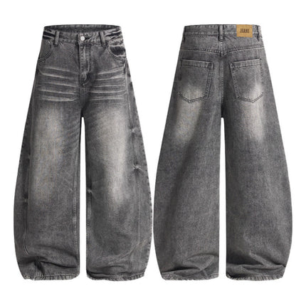 Lktm Men's Clothing American-Style Washed Vintage Black-Gray Scimitar Jeans Unisex Baggy Silhouette Casual Floor-Length Pants